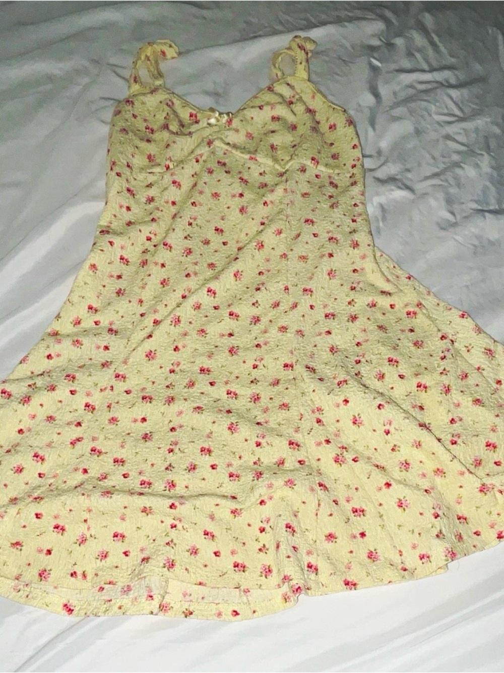 Madden Girl Yellow Mini Slip Dress with Pink Floral Print and Bow